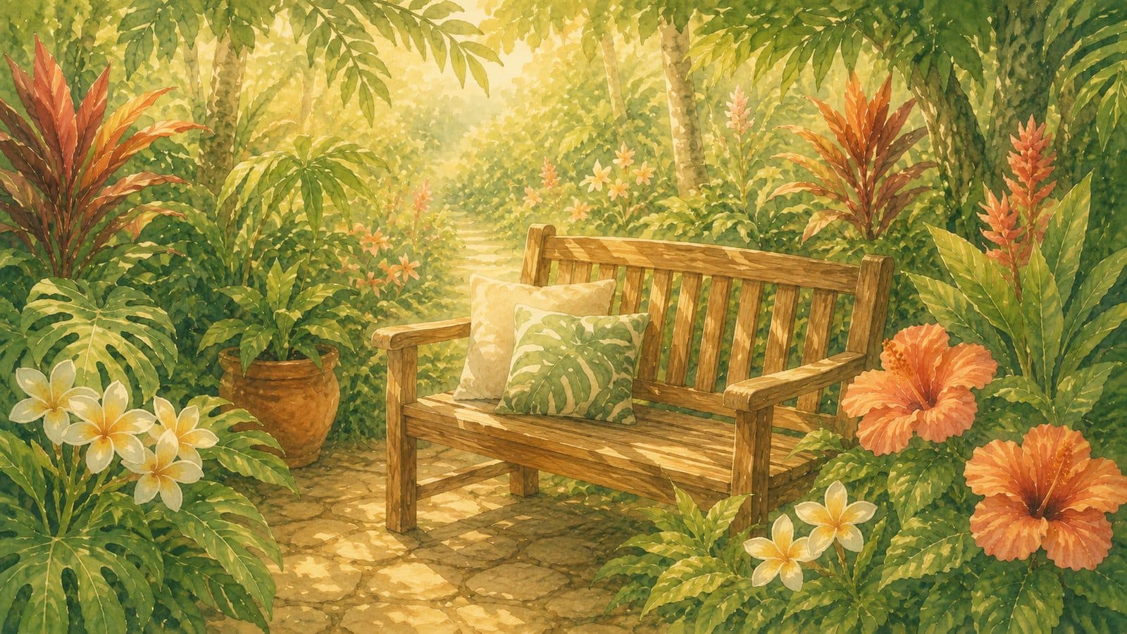 A welcoming garden bench among Hawaiian plants and flowers